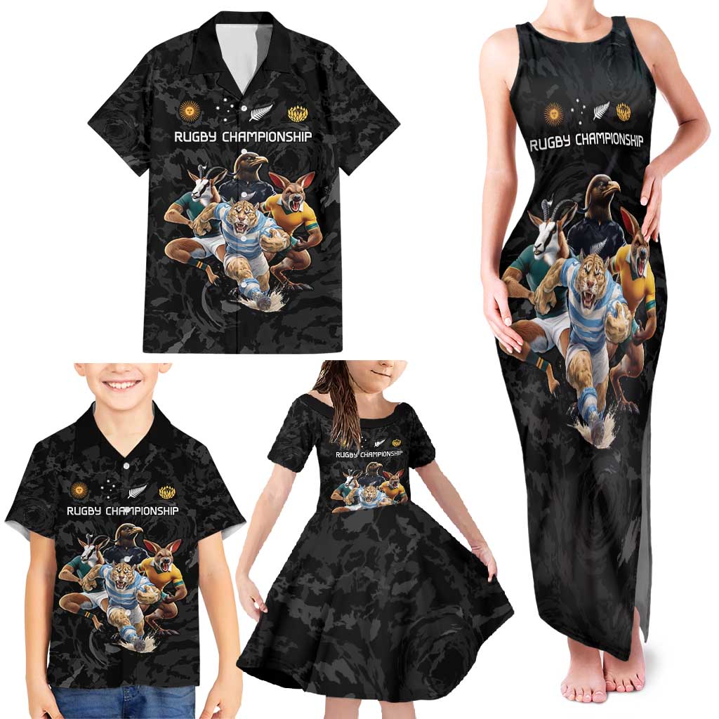 Custom Rugby Southern Hemisphere Family Matching Tank Maxi Dress and Hawaiian Shirt Argentina AUNZ South Africa Mascot Black - Wonder Print Shop