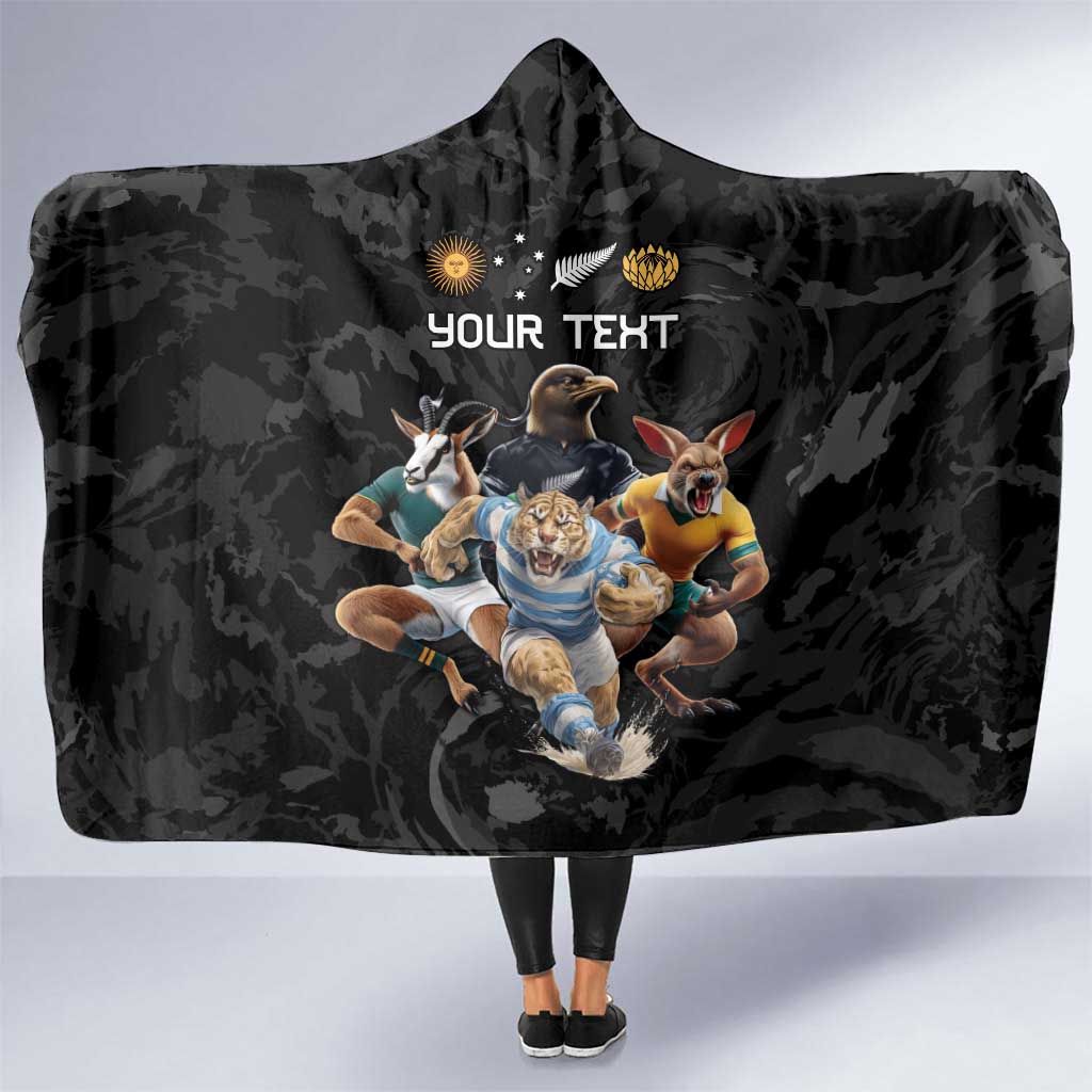 Custom Rugby Southern Hemisphere Hooded Blanket Argentina AUNZ South Africa Mascot Black - Wonder Print Shop