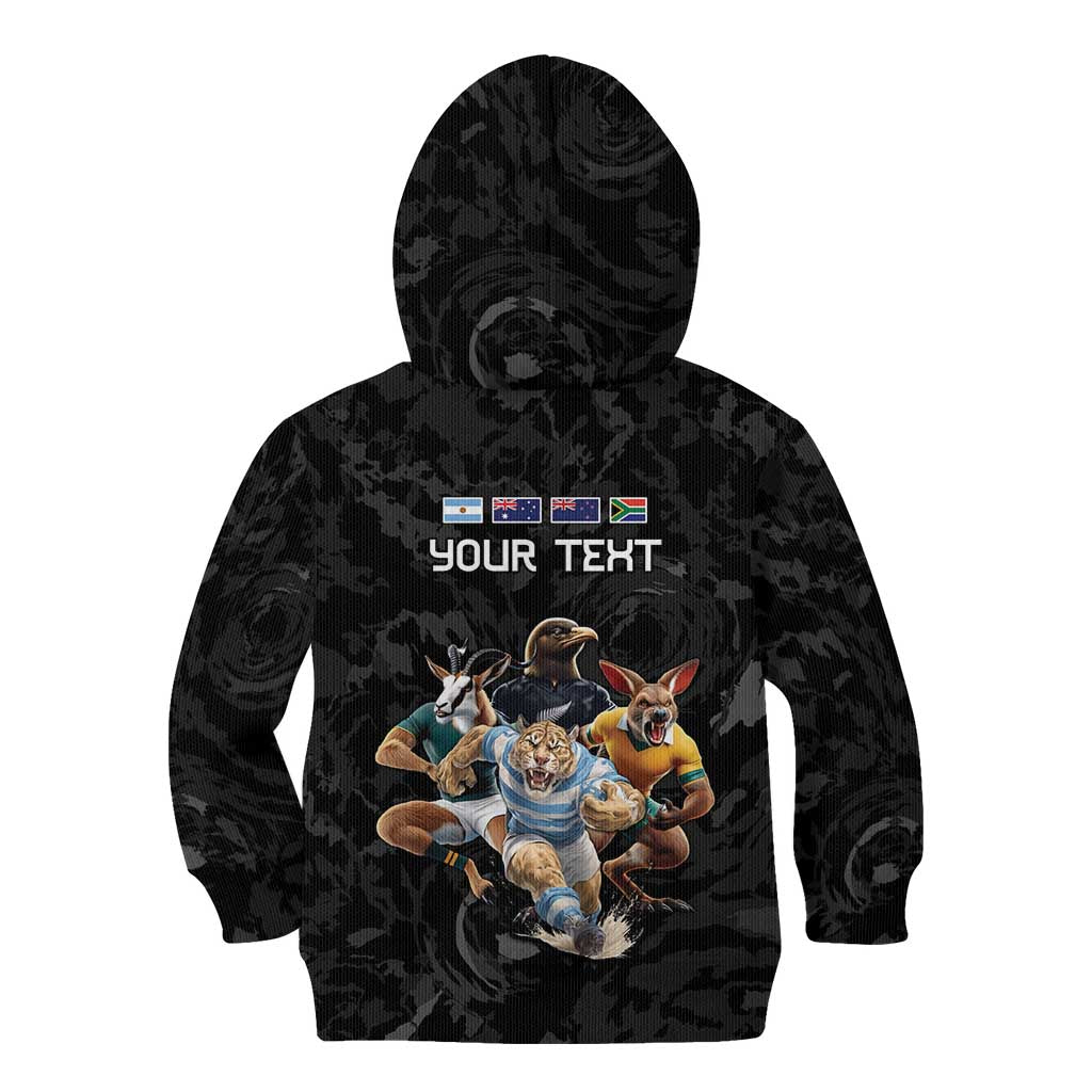 Custom Rugby Southern Hemisphere Kid Hoodie Argentina AUNZ South Africa Mascot Black - Wonder Print Shop