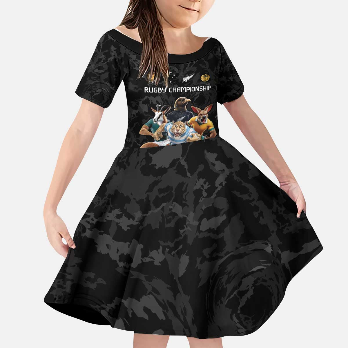 Custom Rugby Southern Hemisphere Kid Short Sleeve Dress Argentina AUNZ South Africa Mascot Black - Wonder Print Shop