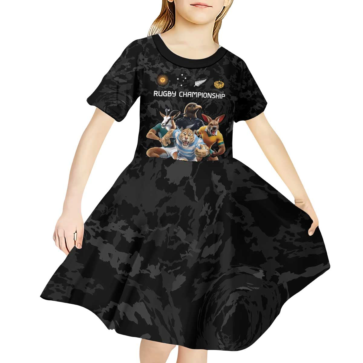 Custom Rugby Southern Hemisphere Kid Short Sleeve Dress Argentina AUNZ South Africa Mascot Black - Wonder Print Shop