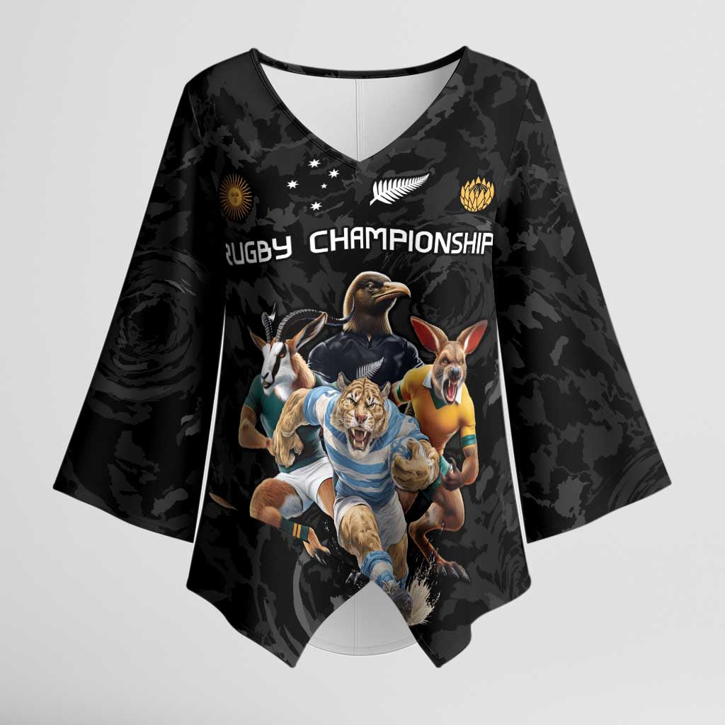 Custom Rugby Southern Hemisphere Kimono Sleeve Blouse Argentina AUNZ South Africa Mascot Black - Wonder Print Shop