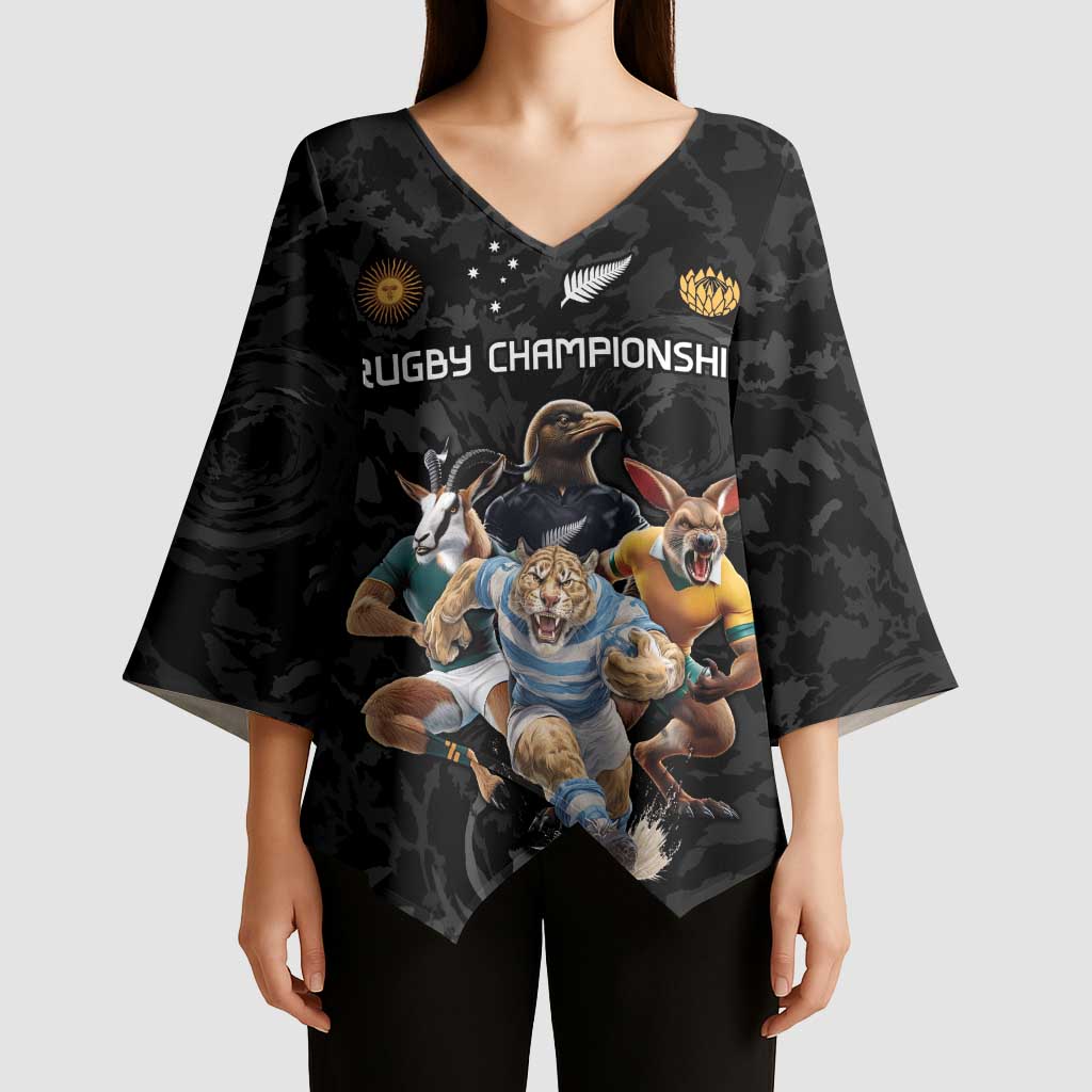 Custom Rugby Southern Hemisphere Kimono Sleeve Blouse Argentina AUNZ South Africa Mascot Black - Wonder Print Shop