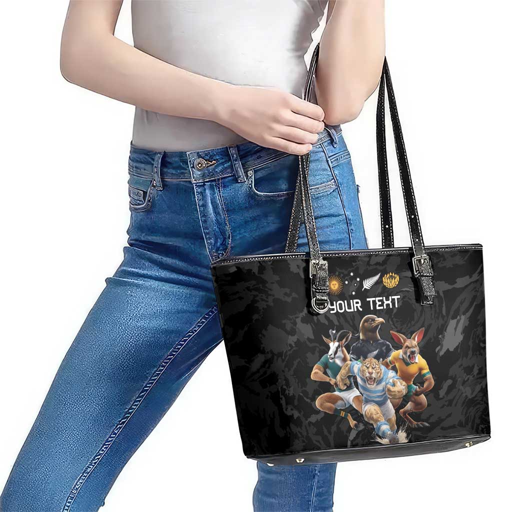 Custom Rugby Southern Hemisphere Leather Tote Bag Argentina AUNZ South Africa Mascot Black - Wonder Print Shop
