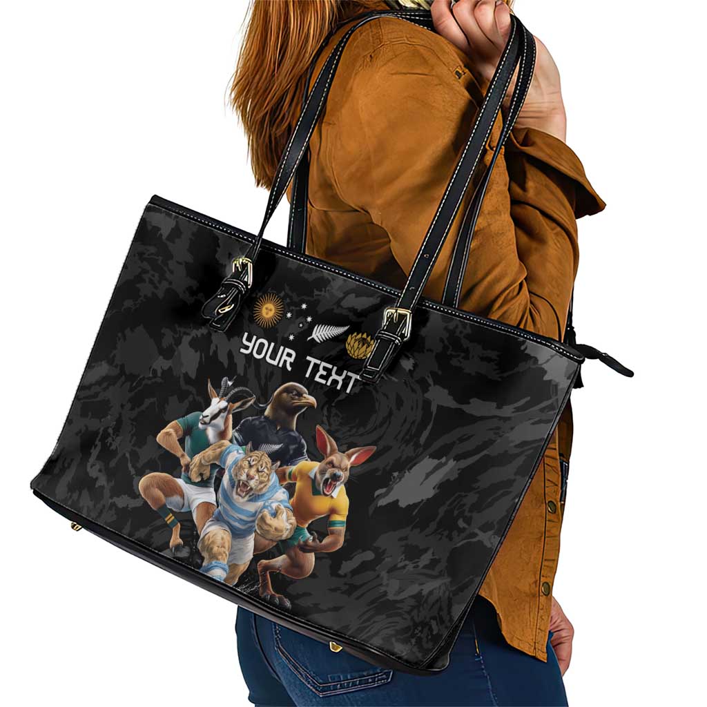 Custom Rugby Southern Hemisphere Leather Tote Bag Argentina AUNZ South Africa Mascot Black - Wonder Print Shop