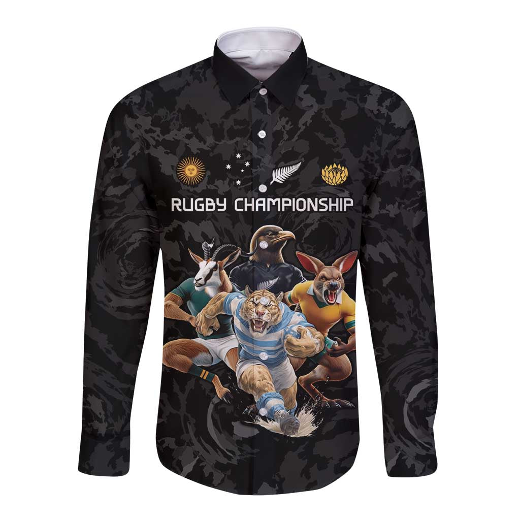 Custom Rugby Southern Hemisphere Long Sleeve Button Shirt Argentina AUNZ South Africa Mascot Black - Wonder Print Shop