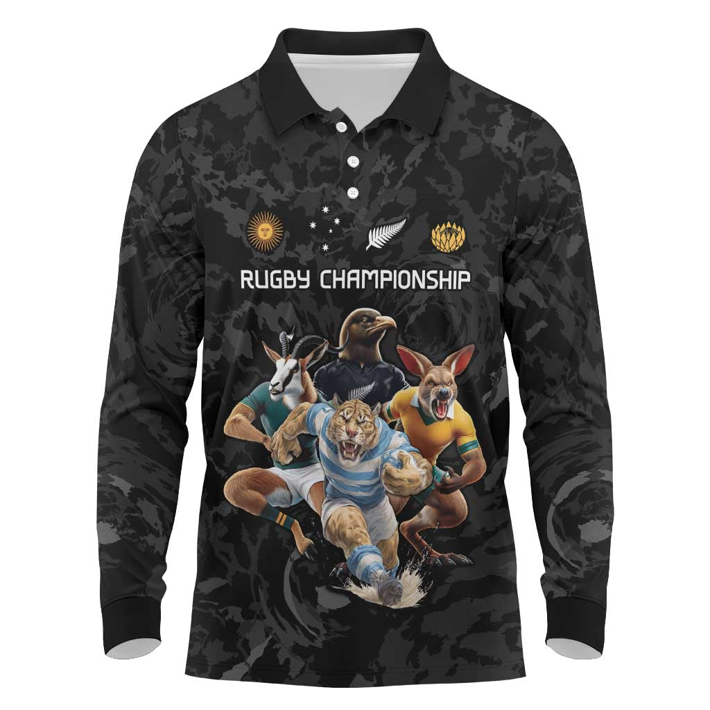 Custom Rugby Southern Hemisphere Long Sleeve Polo Shirt Argentina AUNZ South Africa Mascot Black - Wonder Print Shop