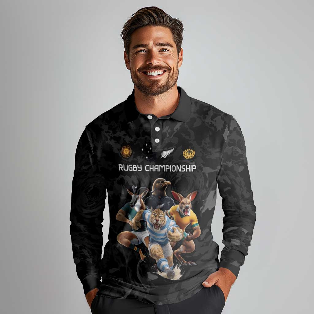 Custom Rugby Southern Hemisphere Long Sleeve Polo Shirt Argentina AUNZ South Africa Mascot Black - Wonder Print Shop