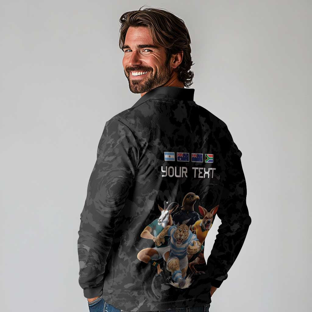 Custom Rugby Southern Hemisphere Long Sleeve Polo Shirt Argentina AUNZ South Africa Mascot Black - Wonder Print Shop