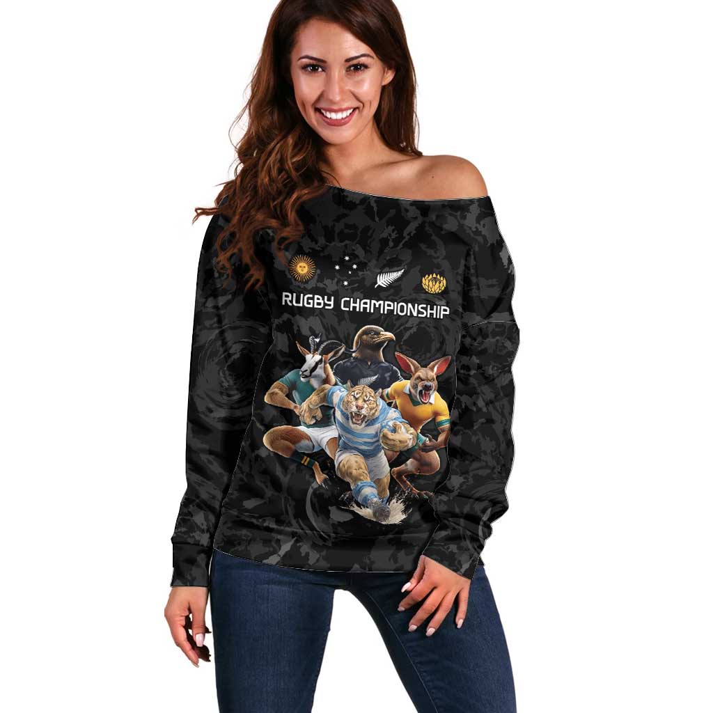 Custom Rugby Southern Hemisphere Off Shoulder Sweater Argentina AUNZ South Africa Mascot Black - Wonder Print Shop