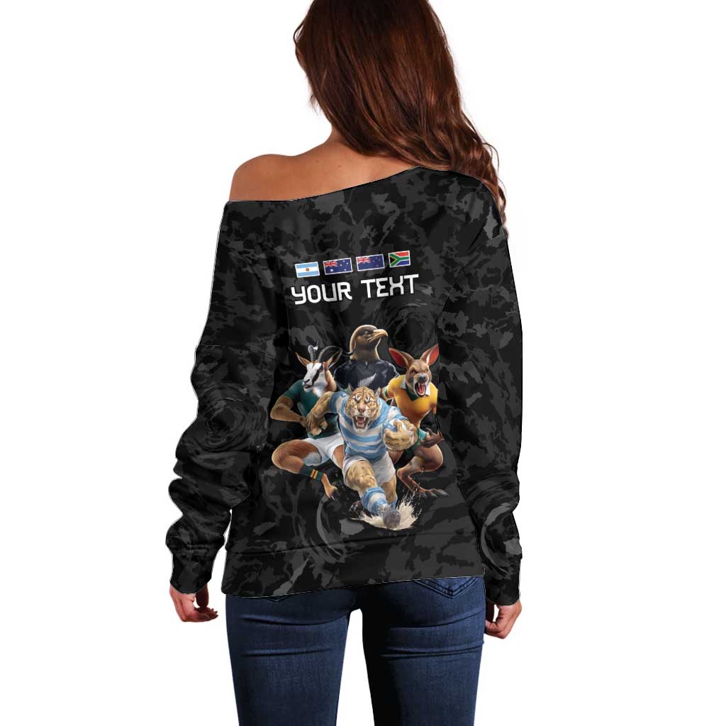 Custom Rugby Southern Hemisphere Off Shoulder Sweater Argentina AUNZ South Africa Mascot Black - Wonder Print Shop