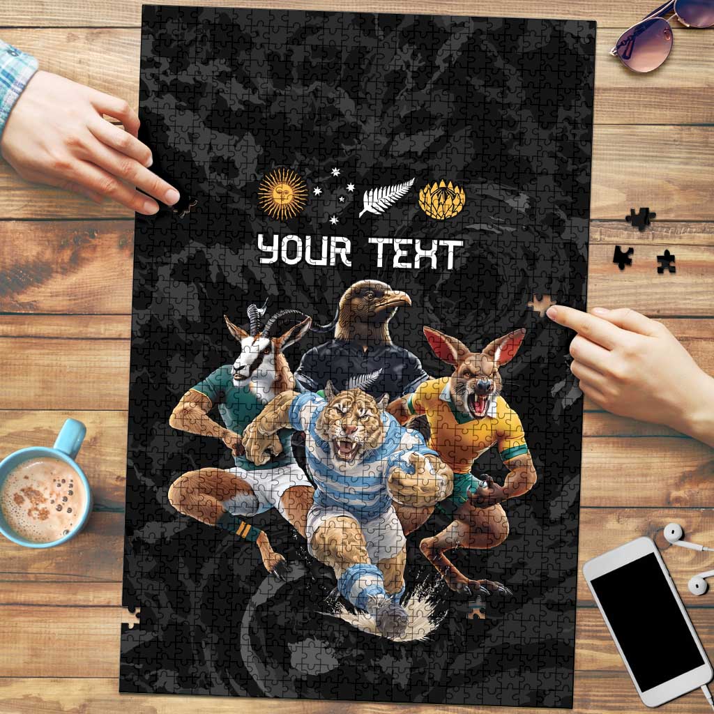 Custom Rugby Southern Hemisphere Puzzle Argentina AUNZ South Africa Mascot Black - Wonder Print Shop