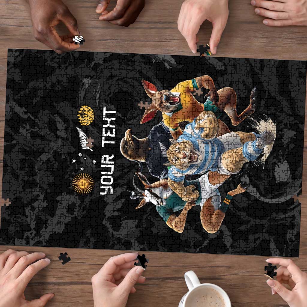 Custom Rugby Southern Hemisphere Puzzle Argentina AUNZ South Africa Mascot Black - Wonder Print Shop