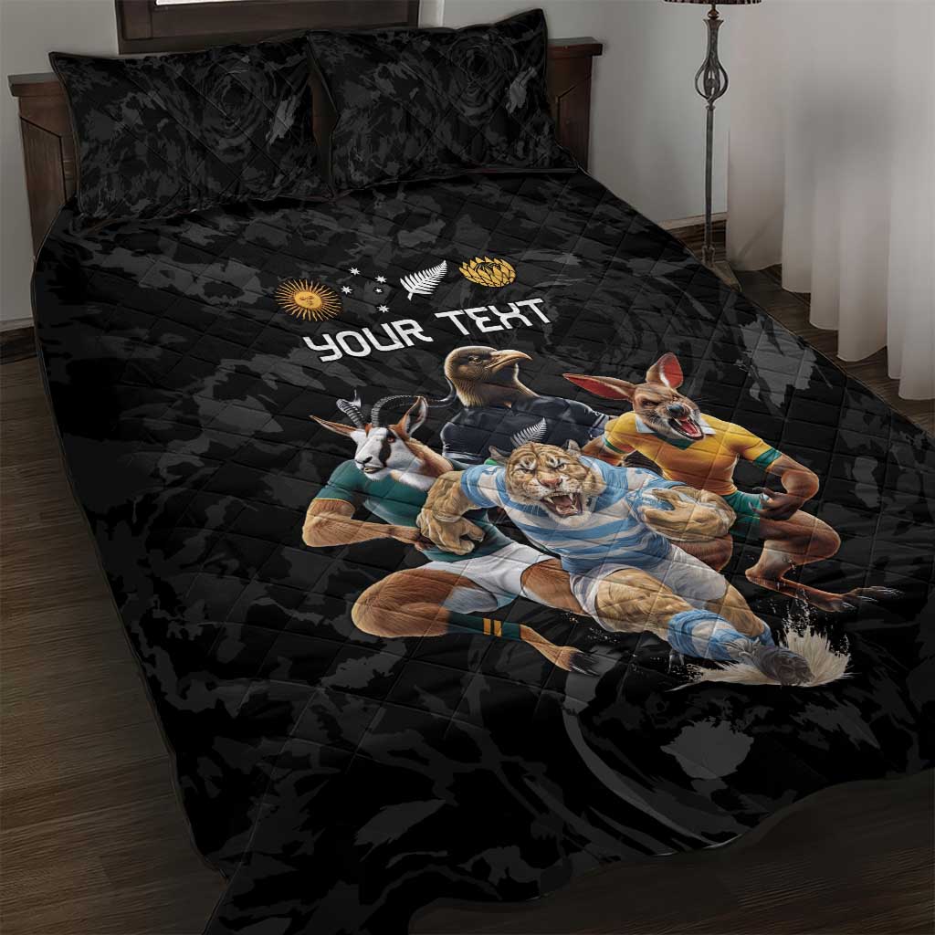 Custom Rugby Southern Hemisphere Quilt Bed Set Argentina AUNZ South Africa Mascot Black - Wonder Print Shop