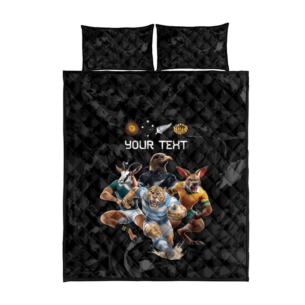 Custom Rugby Southern Hemisphere Quilt Bed Set Argentina AUNZ South Africa Mascot Black - Wonder Print Shop