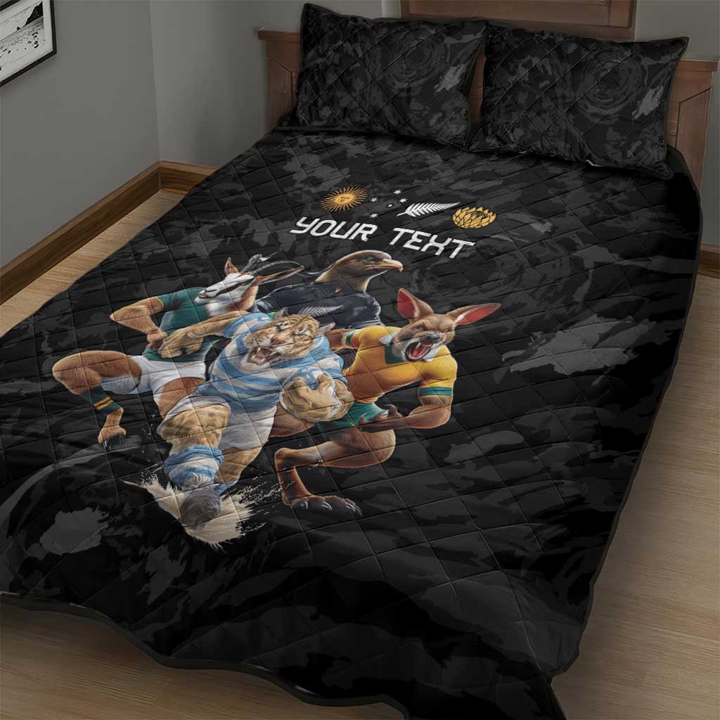 Custom Rugby Southern Hemisphere Quilt Bed Set Argentina AUNZ South Africa Mascot Black - Wonder Print Shop