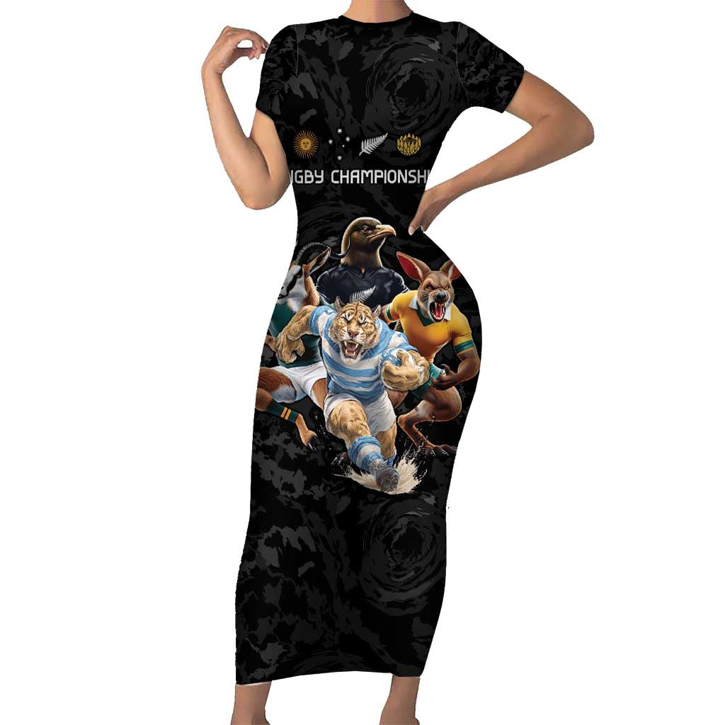 Custom Rugby Southern Hemisphere Short Sleeve Bodycon Dress Argentina AUNZ South Africa Mascot Black - Wonder Print Shop