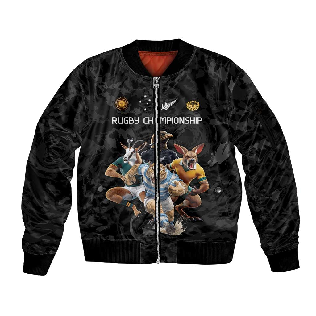 Custom Rugby Southern Hemisphere Sleeve Zip Bomber Jacket Argentina AUNZ South Africa Mascot Black - Wonder Print Shop