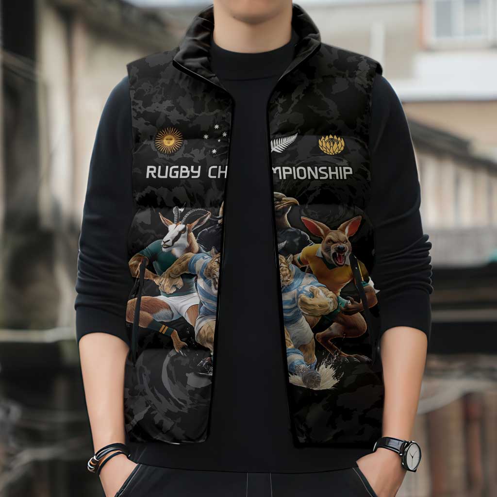 Custom Rugby Southern Hemisphere Sleeveless Puffer Jacket Argentina AUNZ South Africa Mascot Black - Wonder Print Shop