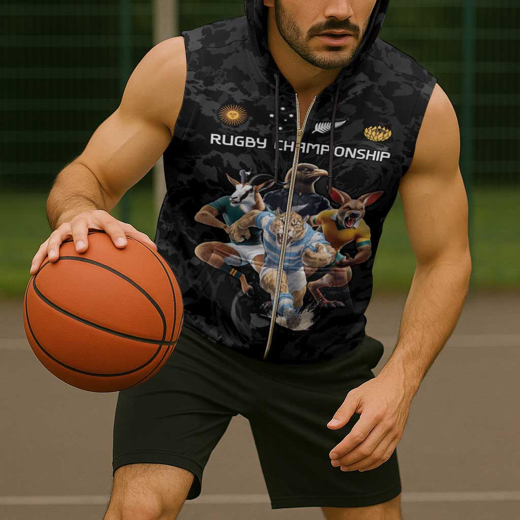 Custom Rugby Southern Hemisphere Sleeveless Zip Hoodie Argentina AUNZ South Africa Mascot Black - Wonder Print Shop