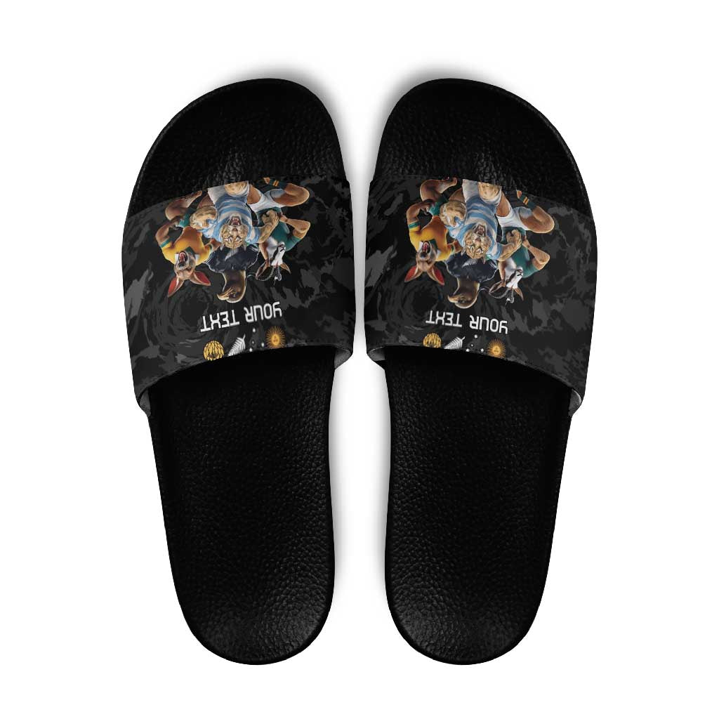 Custom Rugby Southern Hemisphere Slide Sandals Argentina AUNZ South Africa Mascot Black - Wonder Print Shop