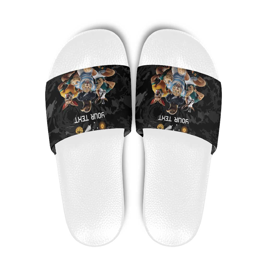 Custom Rugby Southern Hemisphere Slide Sandals Argentina AUNZ South Africa Mascot Black - Wonder Print Shop