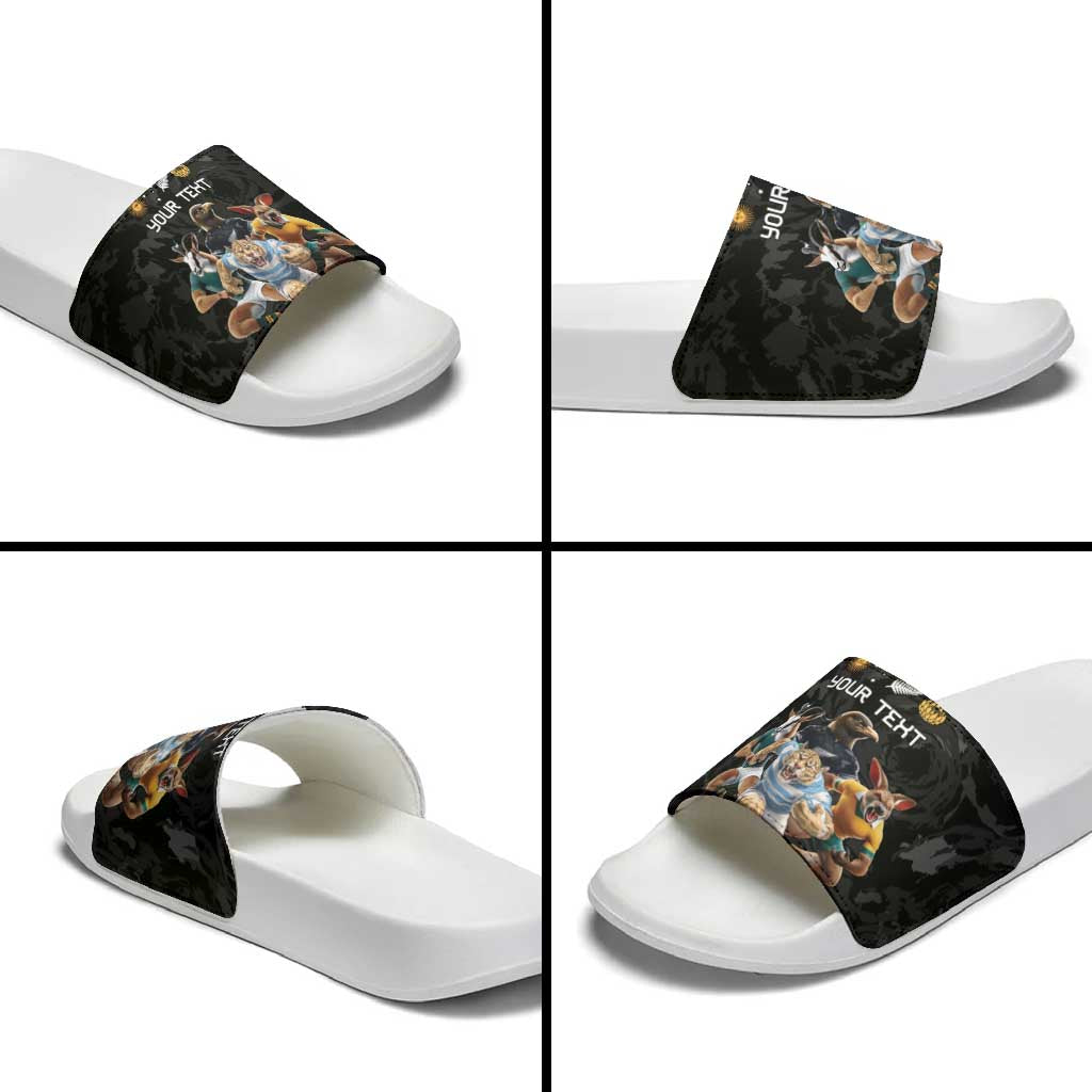 Custom Rugby Southern Hemisphere Slide Sandals Argentina AUNZ South Africa Mascot Black - Wonder Print Shop