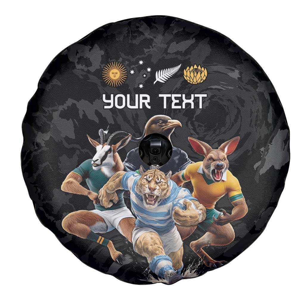 Custom Rugby Southern Hemisphere Spare Tire Cover Argentina AUNZ South Africa Mascot Black - Wonder Print Shop