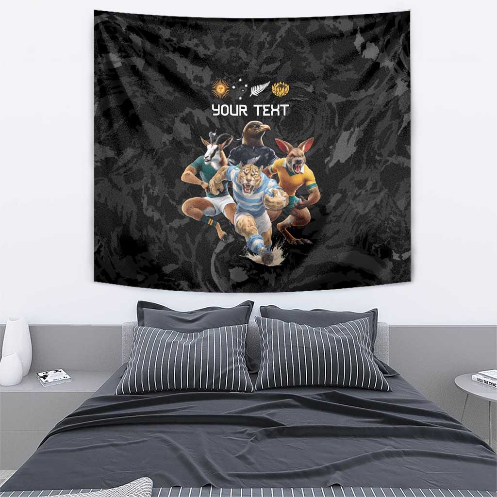 Custom Rugby Southern Hemisphere Tapestry Argentina AUNZ South Africa Mascot Black - Wonder Print Shop