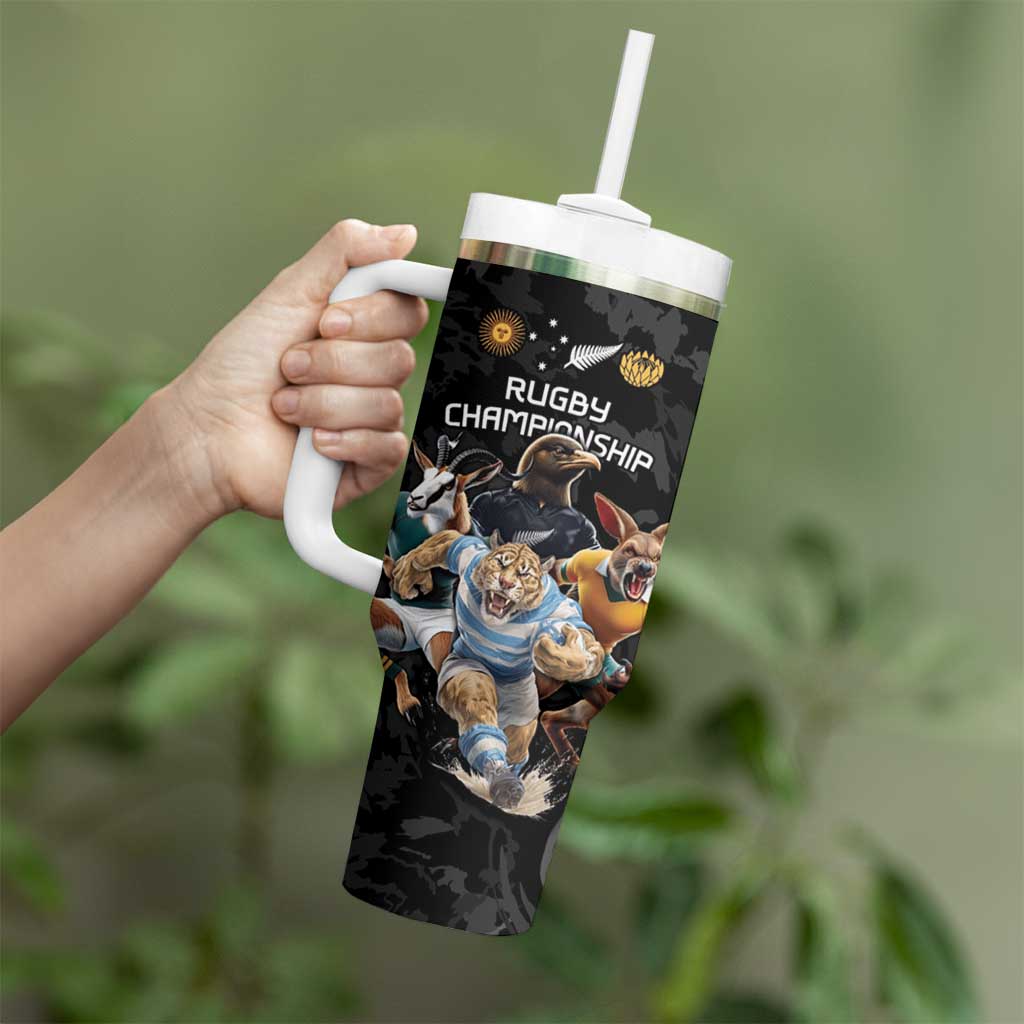 Custom Rugby Southern Hemisphere Tumbler With Handle Argentina AUNZ South Africa Mascot Black - Wonder Print Shop