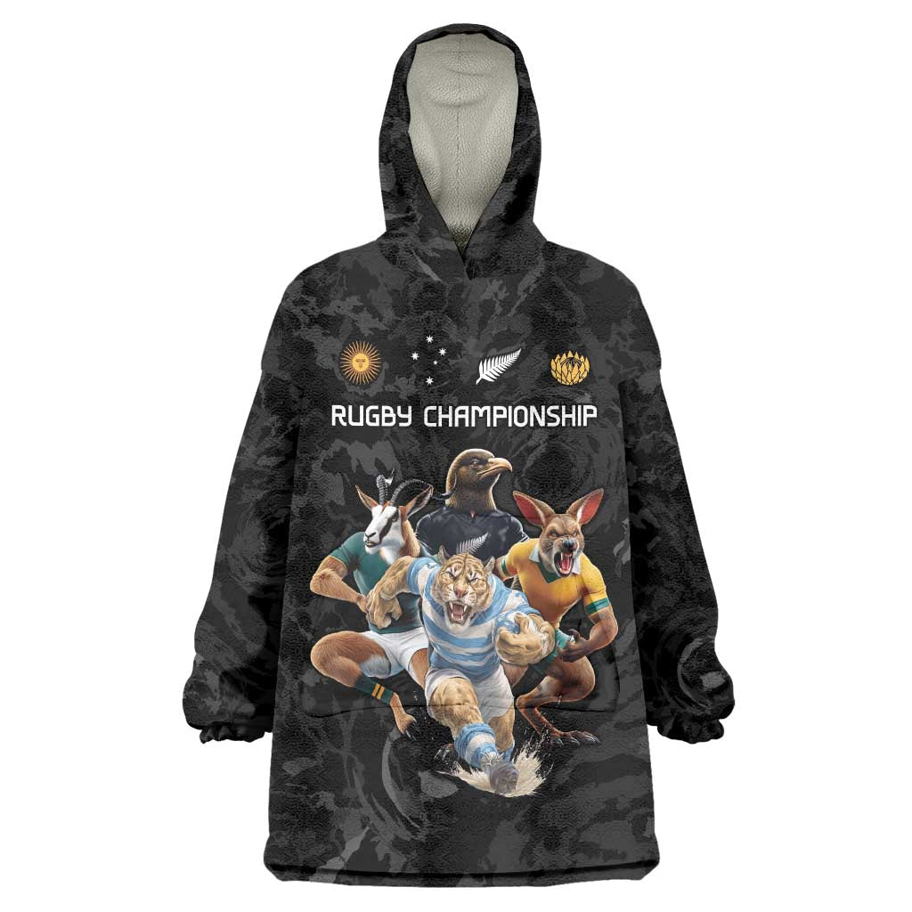 Custom Rugby Southern Hemisphere Wearable Blanket Hoodie Argentina AUNZ South Africa Mascot Black - Wonder Print Shop