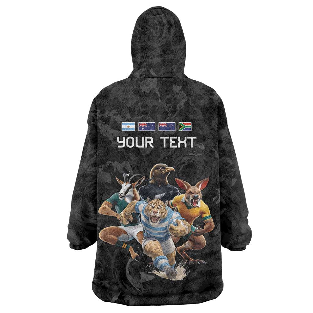 Custom Rugby Southern Hemisphere Wearable Blanket Hoodie Argentina AUNZ South Africa Mascot Black - Wonder Print Shop