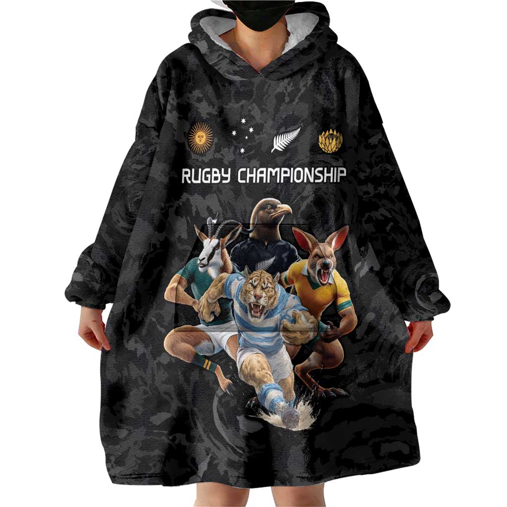 Custom Rugby Southern Hemisphere Wearable Blanket Hoodie Argentina AUNZ South Africa Mascot Black - Wonder Print Shop