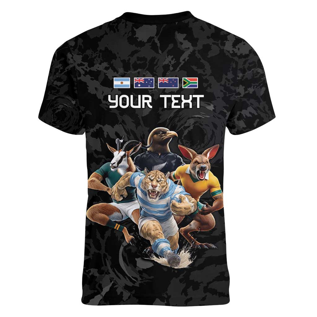 Custom Rugby Southern Hemisphere Women V-Neck T-Shirt Argentina AUNZ South Africa Mascot Black - Wonder Print Shop