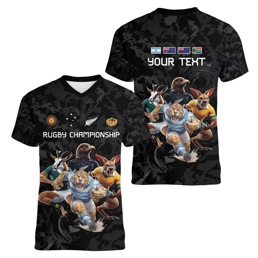 Custom Rugby Southern Hemisphere Women V-Neck T-Shirt Argentina AUNZ South Africa Mascot Black - Wonder Print Shop