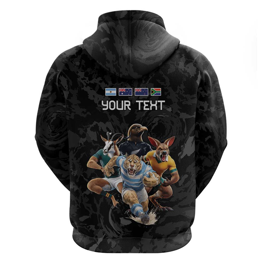 Custom Rugby Southern Hemisphere Zip Hoodie Argentina AUNZ South Africa Mascot Black - Wonder Print Shop