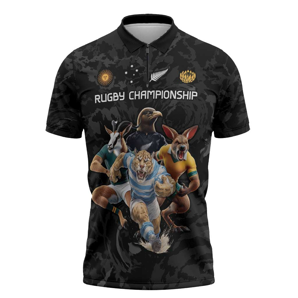 Custom Rugby Southern Hemisphere Zipper Polo Shirt Argentina AUNZ South Africa Mascot Black - Wonder Print Shop