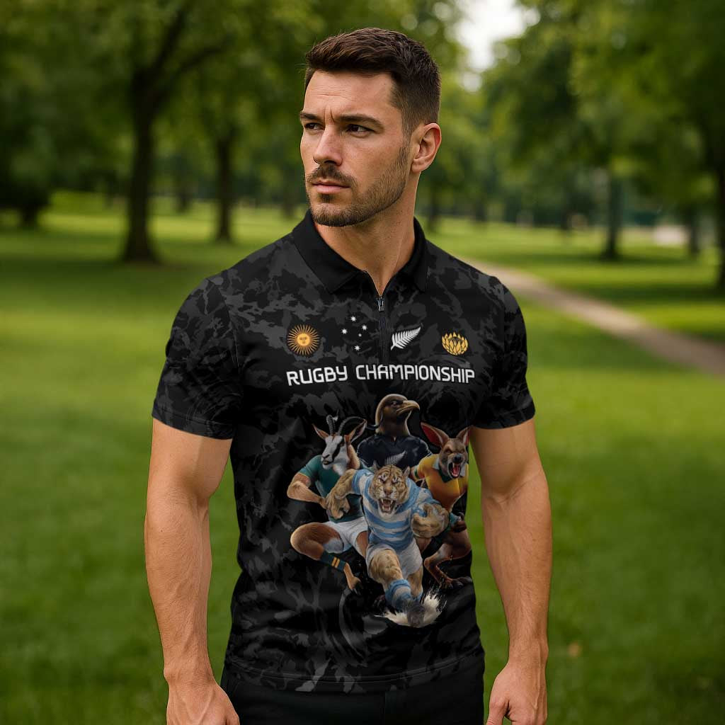 Custom Rugby Southern Hemisphere Zipper Polo Shirt Argentina AUNZ South Africa Mascot Black - Wonder Print Shop