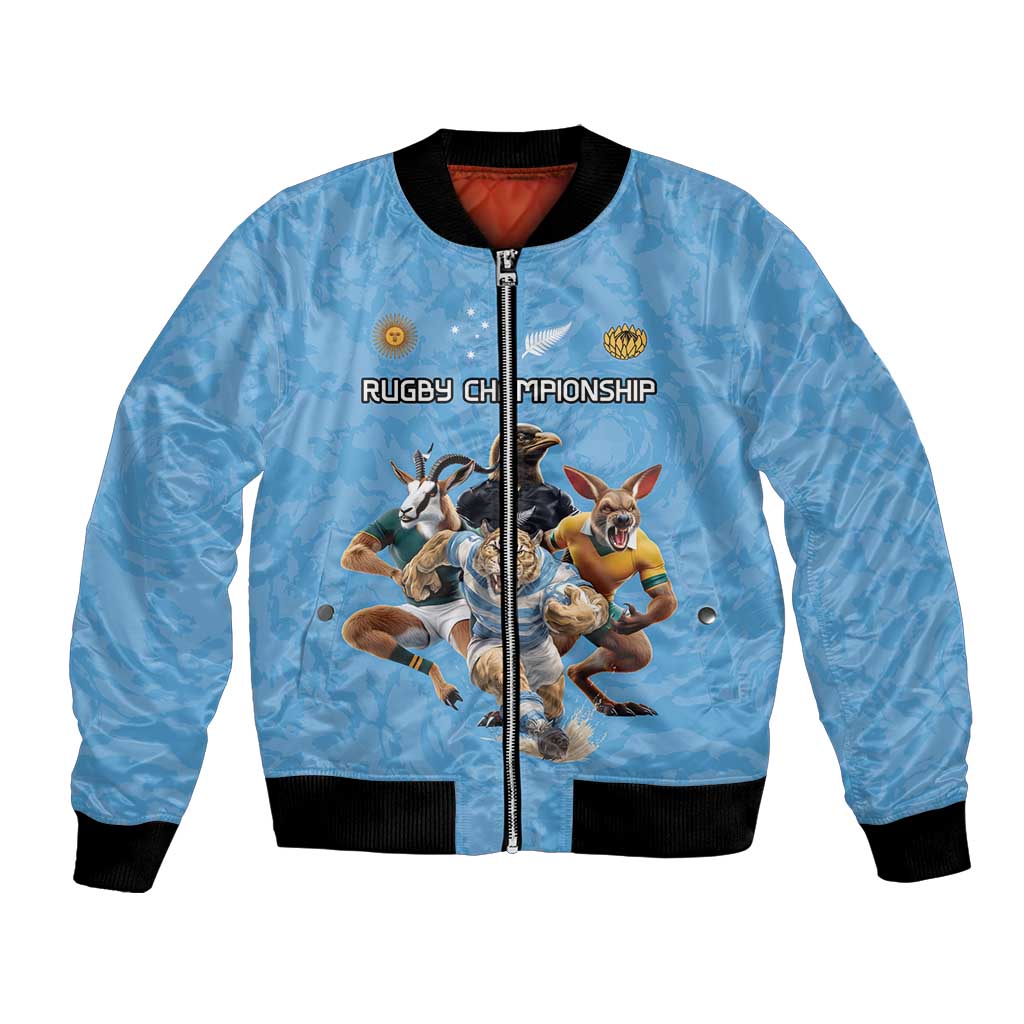 Custom Rugby Southern Hemisphere Bomber Jacket Argentina AUNZ South Africa Mascot Blue - Wonder Print Shop