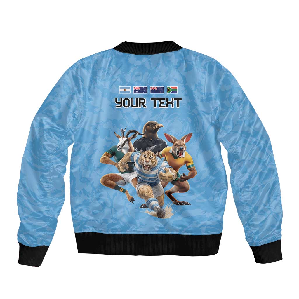 Custom Rugby Southern Hemisphere Bomber Jacket Argentina AUNZ South Africa Mascot Blue - Wonder Print Shop