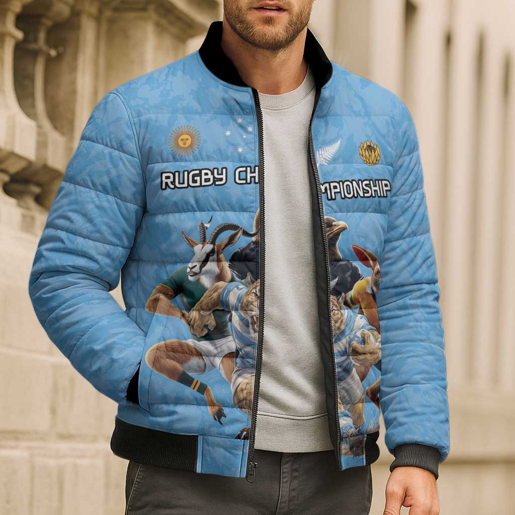 Custom Rugby Southern Hemisphere Bomber Puffer Jacket Argentina AUNZ South Africa Mascot Blue - Wonder Print Shop