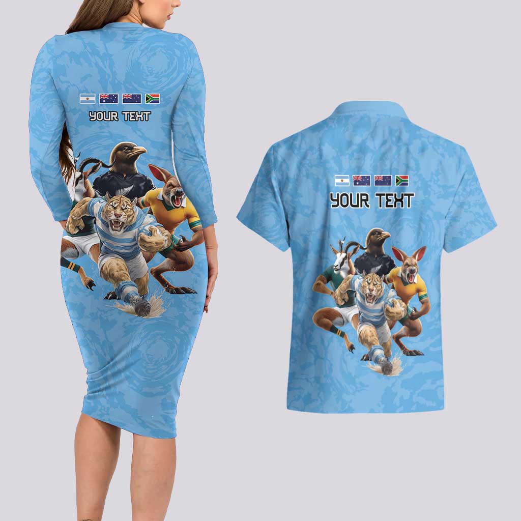 Custom Rugby Southern Hemisphere Couples Matching Long Sleeve Bodycon Dress and Hawaiian Shirt Argentina AUNZ South Africa Mascot Blue - Wonder Print Shop