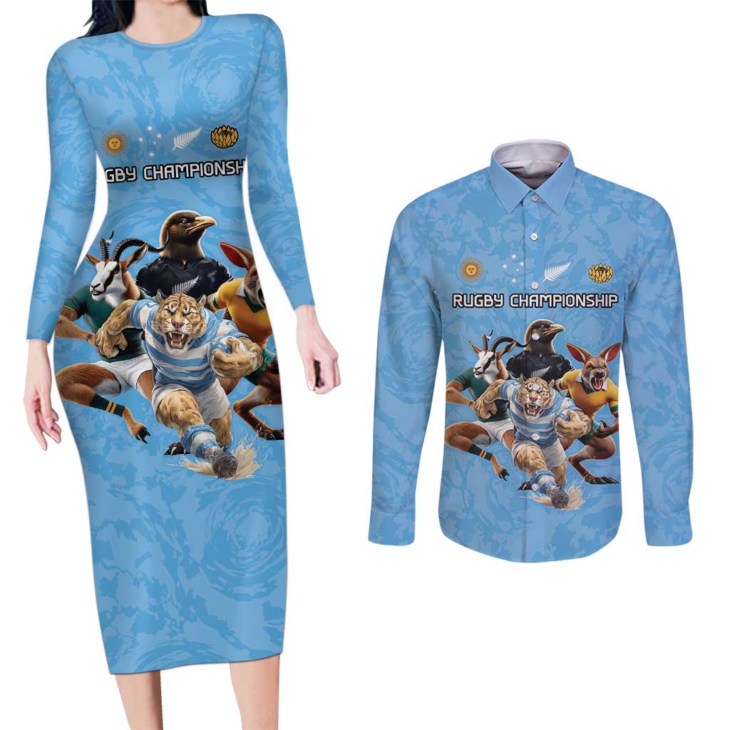 Custom Rugby Southern Hemisphere Couples Matching Long Sleeve Bodycon Dress and Long Sleeve Button Shirt Argentina AUNZ South Africa Mascot Blue - Wonder Print Shop