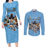 Custom Rugby Southern Hemisphere Couples Matching Long Sleeve Bodycon Dress and Long Sleeve Button Shirt Argentina AUNZ South Africa Mascot Blue - Wonder Print Shop