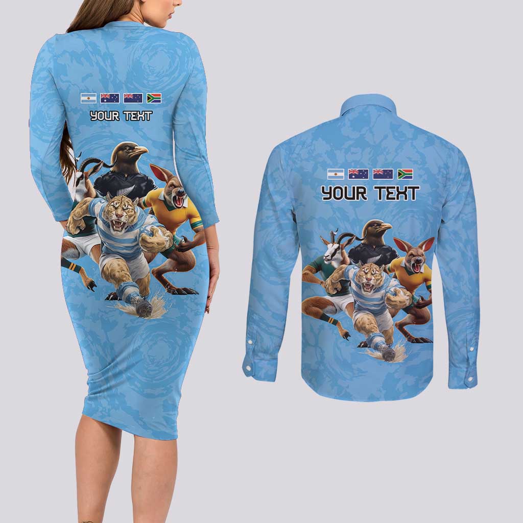 Custom Rugby Southern Hemisphere Couples Matching Long Sleeve Bodycon Dress and Long Sleeve Button Shirt Argentina AUNZ South Africa Mascot Blue - Wonder Print Shop