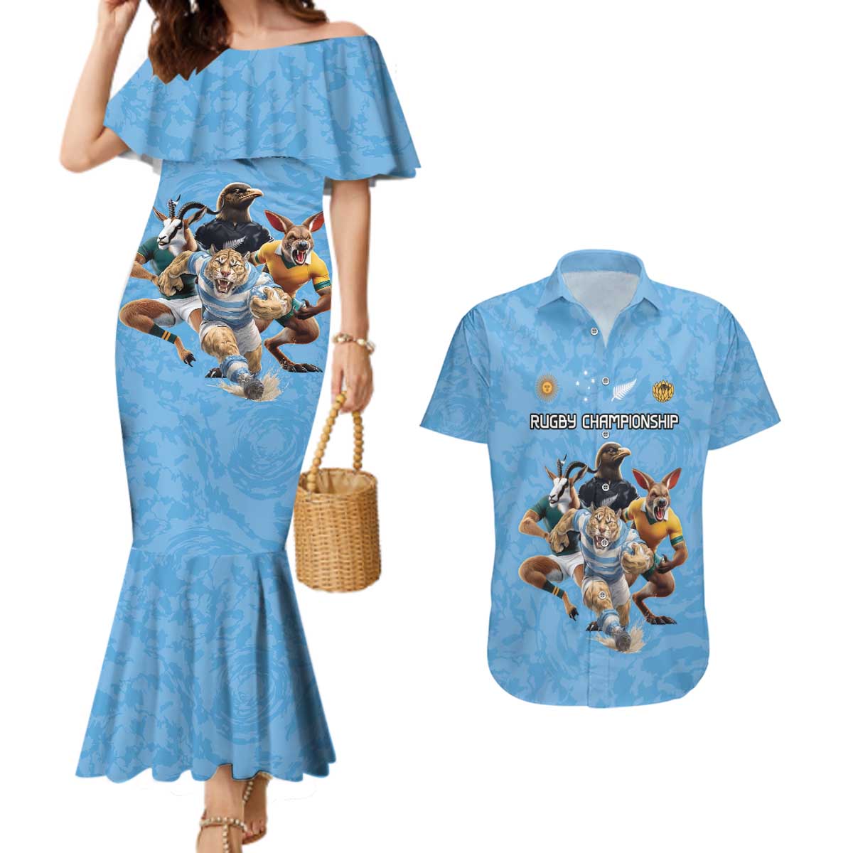 Custom Rugby Southern Hemisphere Couples Matching Mermaid Dress and Hawaiian Shirt Argentina AUNZ South Africa Mascot Blue - Wonder Print Shop