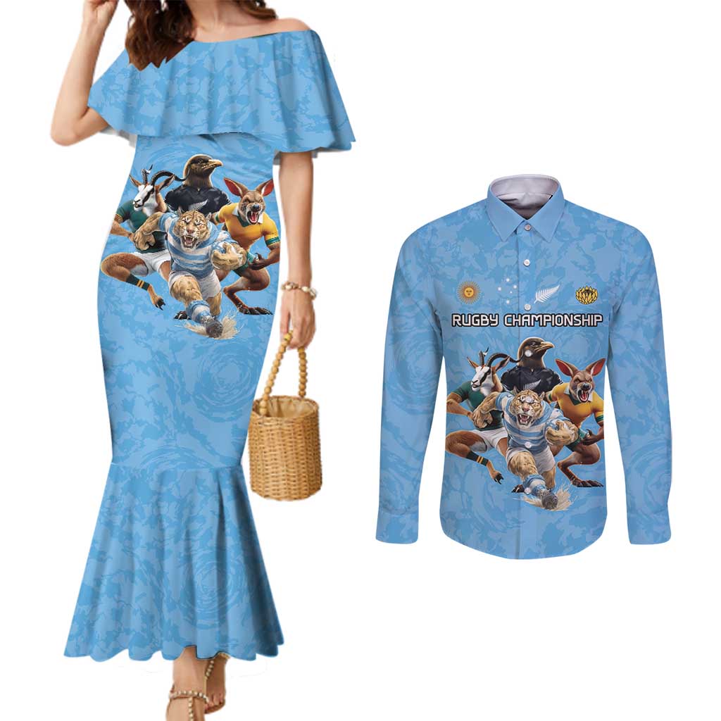 Custom Rugby Southern Hemisphere Couples Matching Mermaid Dress and Long Sleeve Button Shirt Argentina AUNZ South Africa Mascot Blue - Wonder Print Shop