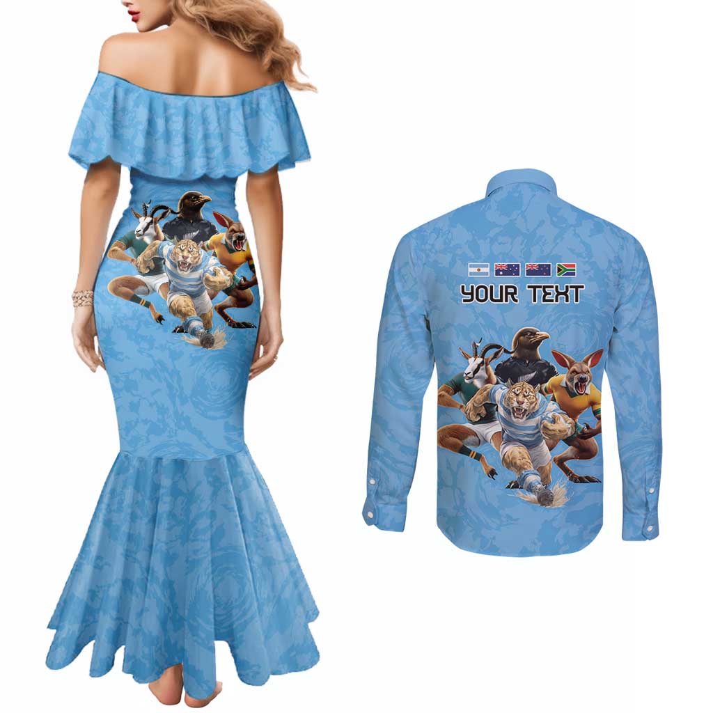 Custom Rugby Southern Hemisphere Couples Matching Mermaid Dress and Long Sleeve Button Shirt Argentina AUNZ South Africa Mascot Blue - Wonder Print Shop