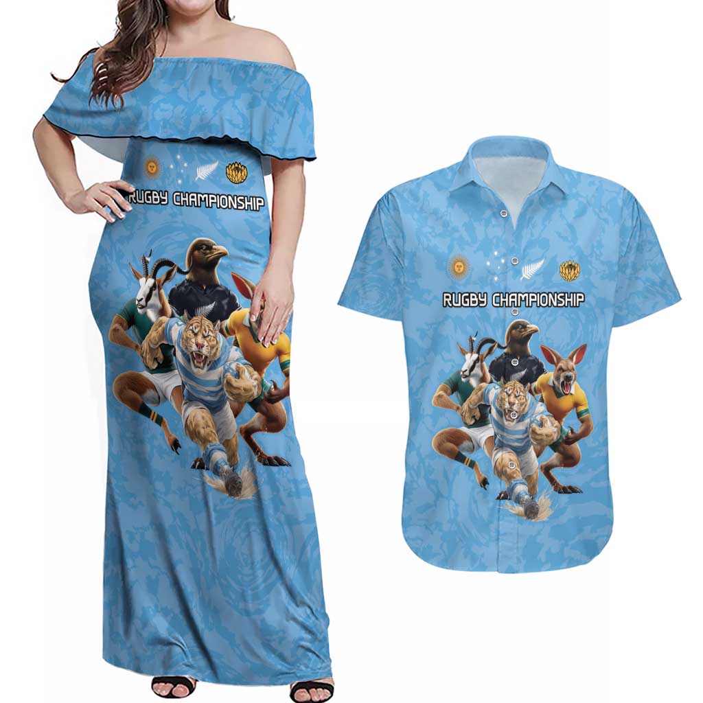 Custom Rugby Southern Hemisphere Couples Matching Off Shoulder Maxi Dress and Hawaiian Shirt Argentina AUNZ South Africa Mascot Blue - Wonder Print Shop