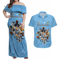 Custom Rugby Southern Hemisphere Couples Matching Off Shoulder Maxi Dress and Hawaiian Shirt Argentina AUNZ South Africa Mascot Blue - Wonder Print Shop
